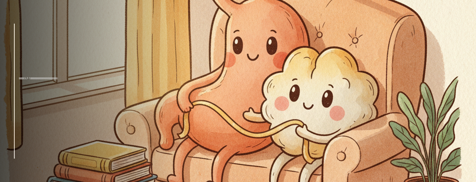 Cute anthropomorphized stomach and brain characters illustrating the connection between gut and mind in weight management.