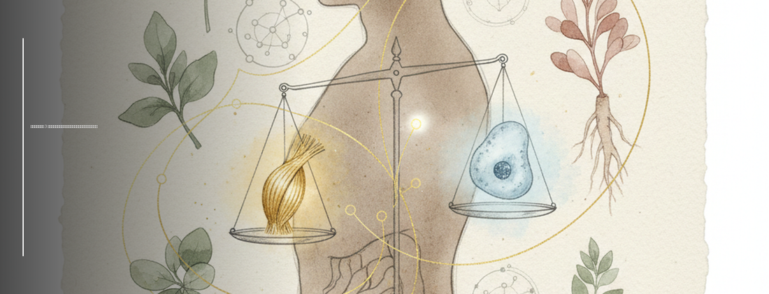 Medical watercolor illustration of a human silhouette balancing muscle and fat with metabolic diagrams.