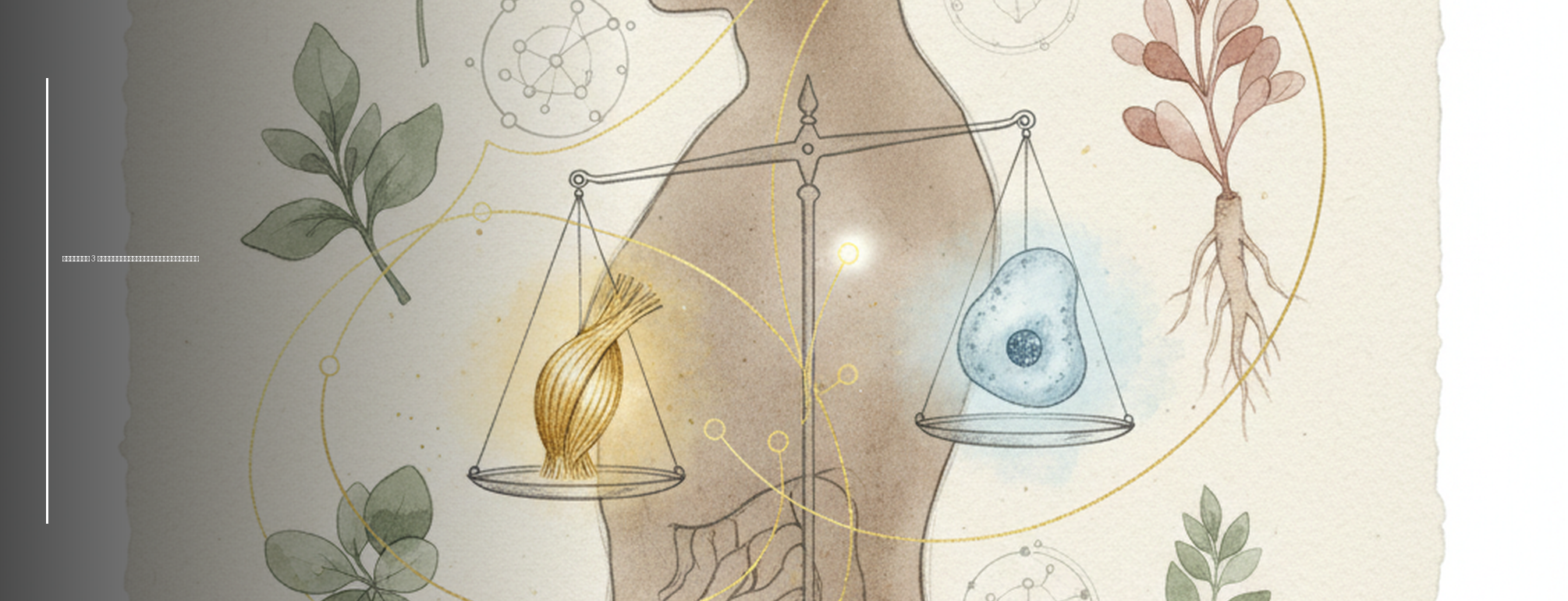 Medical watercolor illustration of a human silhouette balancing muscle and fat with metabolic diagrams.